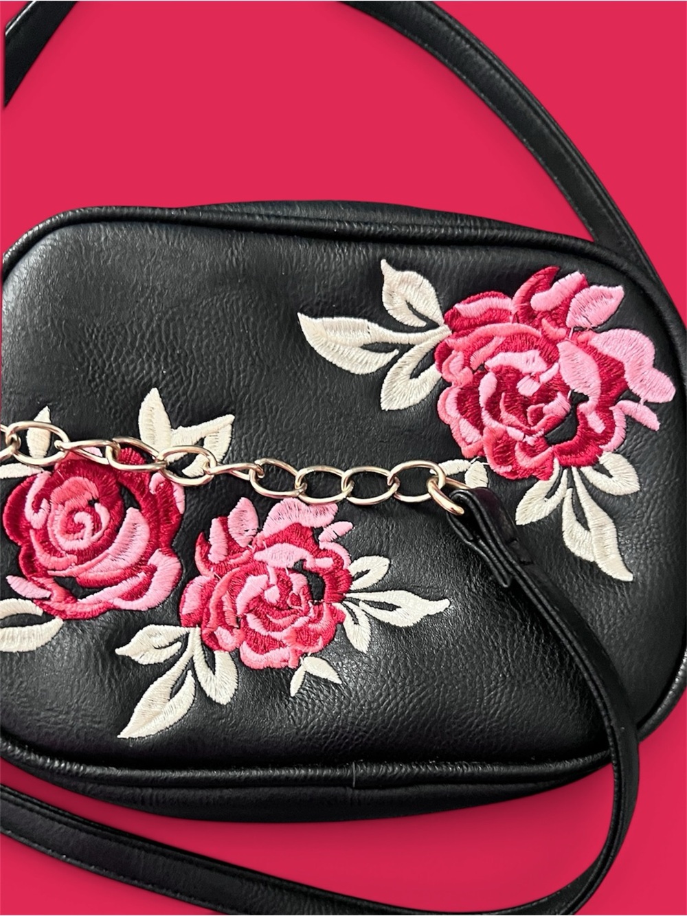 Black Floral Embroidered Crossbody Bag with Pink Roses
